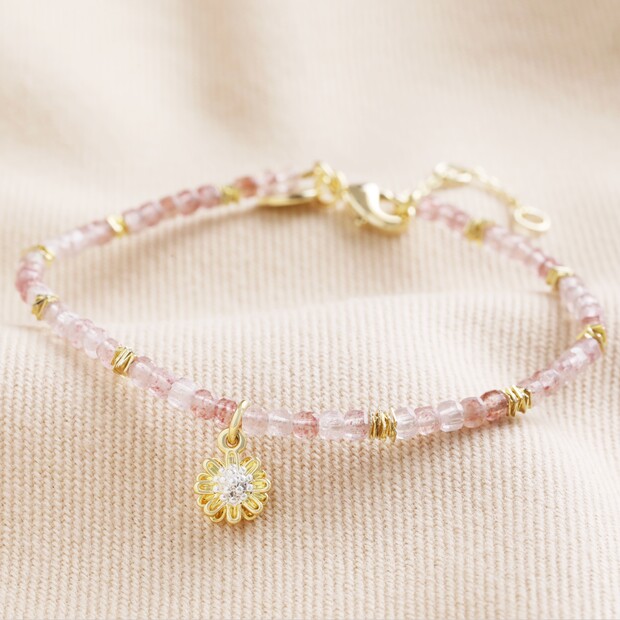 Strawberry Quartz Bracelet with Daisy in Gold | Lisa Angel