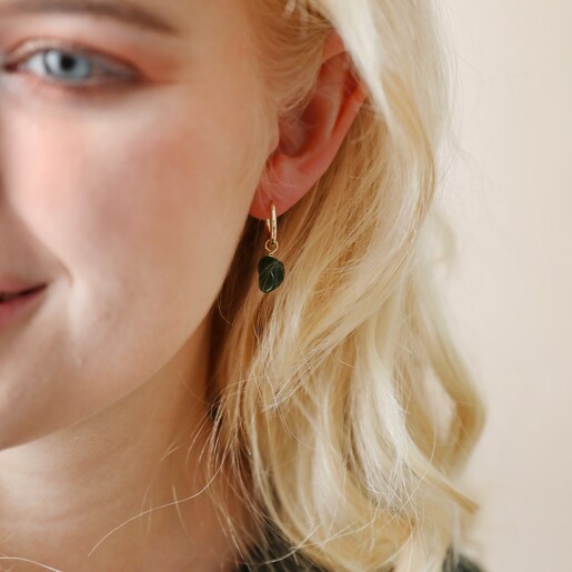 Model Wearing African Jade Stone Hoop Earrings in Gold