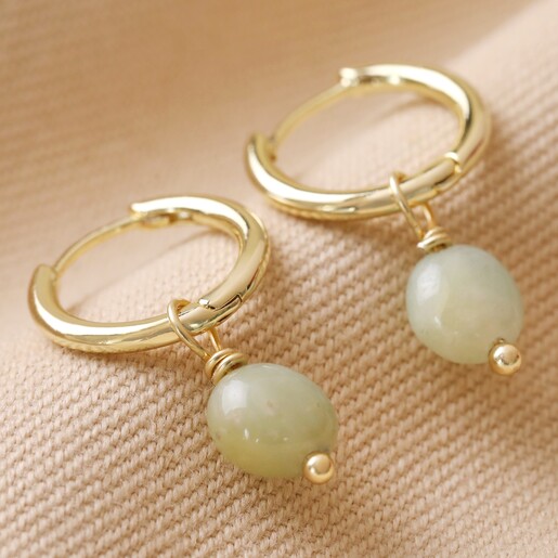 Amazonite Stone Hoop Earrings in Gold on Beige Fabric