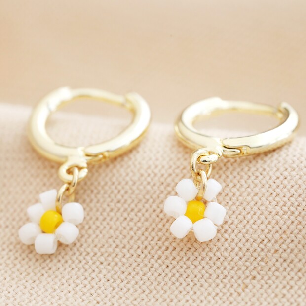 Beaded Daisy Charm Huggie Hoop Earrings in Gold