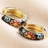 Black Cloisonné Hoop Earrings in Gold on Fabric