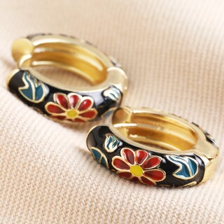 Black Cloisonné Hoop Earrings in Gold