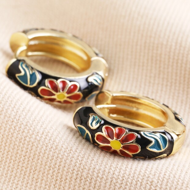 Black Cloisonné Hoop Earrings in Gold Black Cloisonné Hoop Earrings in Gold