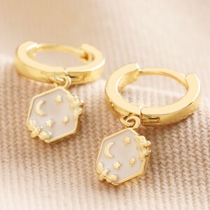 White Enamel Celestial Bee Charm Huggie Hoop Earrings in Gold