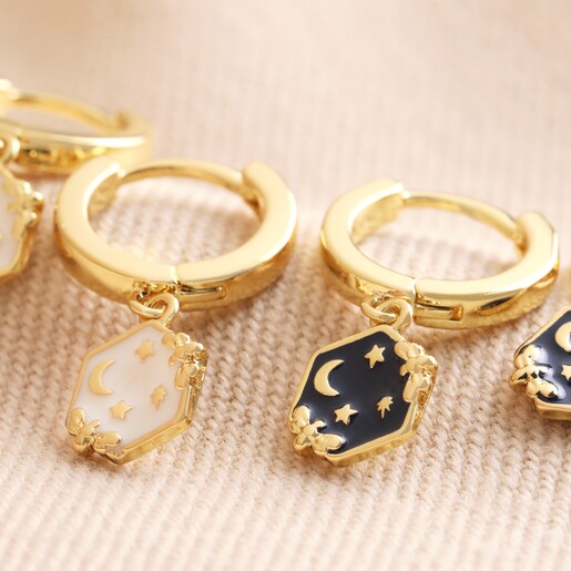 Navy Blue and White Enamel Celestial Bee Charm Huggie Hoop Earrings in Gold