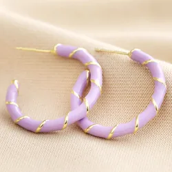 Lilac Enamel Rope Hoop Earrings in Gold