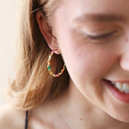 Multicolour Enamel Rope Hoop Earrings in Gold on Model