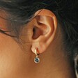 Close Up of Navy Enamel Celestial Bee Charm Huggie Hoop Earrings in Gold on Model