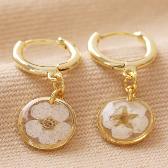 Pressed Birth Flower Huggie Hoop Earrings in Gold - April