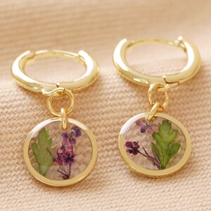 Pressed Birth Flower Huggie Hoop Earrings in Gold - February