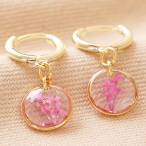 Pressed Birth Flower Huggie Hoop Earrings in Gold - January