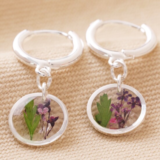 Pressed Birth Flower Huggie Hoop Earrings in Silver - February 