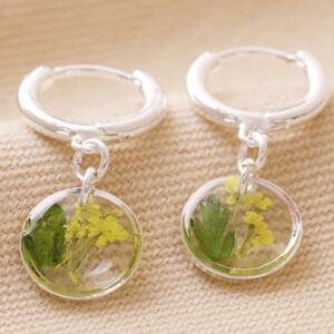 Pressed Birth Flower Huggie Hoop Earrings in Silver - March