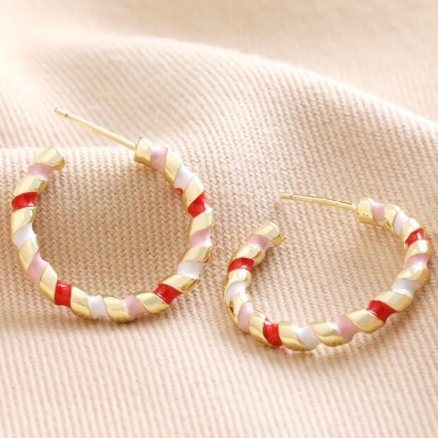 Red, White and Pink Twisted Enamel Hoop Earrings in Gold Red, White and Pink Twisted Enamel Hoop Earrings in Gold