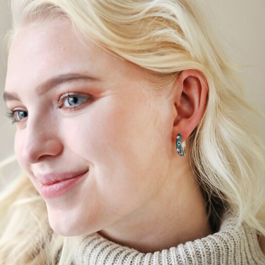 Model Wearing Starry Blue Enamel Hoop Earrings