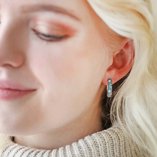 Model Wearing Starry Blue Enamel Hoop Earrings