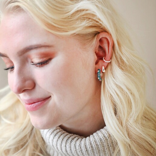 Starry Blue Enamel Hoop Earrings on Model with Neutral Background