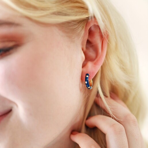 Model Wearing Starry Navy Enamel Hoop Earrings Close Up