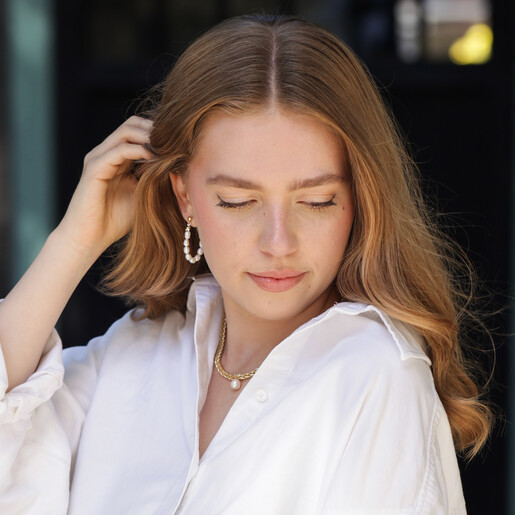 Freshwater Pearl Loop Earrings in Gold on Model