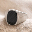 Men's Black Feature Stainless Steel Signet Ring on Beige Fabric