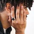 Model Wearing Men's Black Feature Stainless Steel Signet Ring