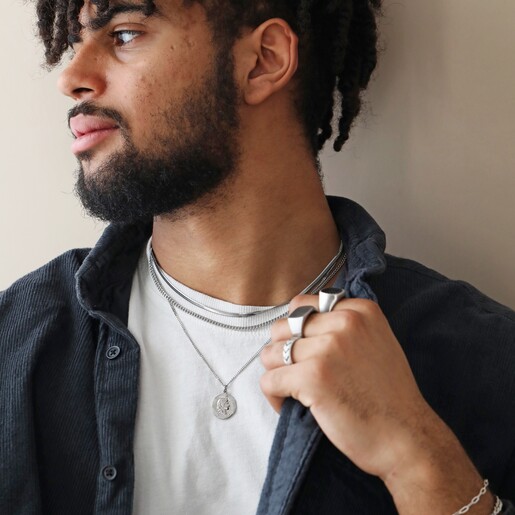 Men's Black Feature Stainless Steel Signet Ring Worn by Model
