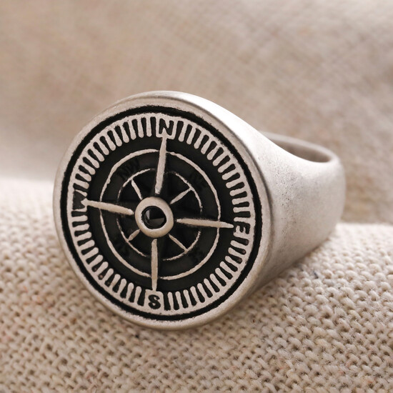 Men's Black Gem Compass Stainless Steel Ring - S/M