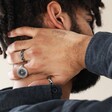 Model Wearing Men's Black Gem Compass Stainless Steel Ring With Other Personalised Rings
