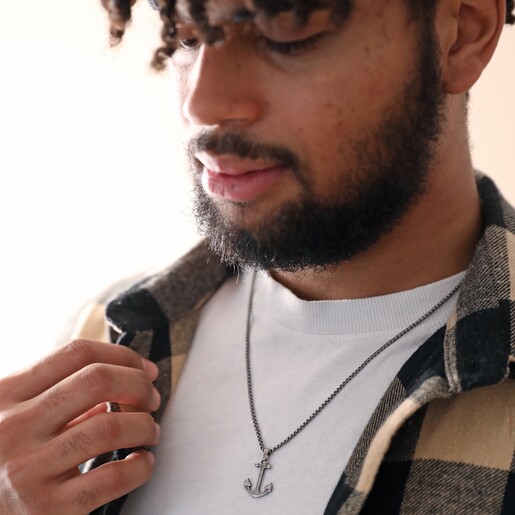 Men's Stainless Steel Anchor Pendant Necklace on Model