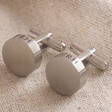 Silver Personalised Initial Edge Brushed Finish Round Cufflinks on Neutral Fabric