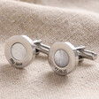 Personalised Message Mother of Pearl Round Cufflinks in Silver on Neutral Fabric