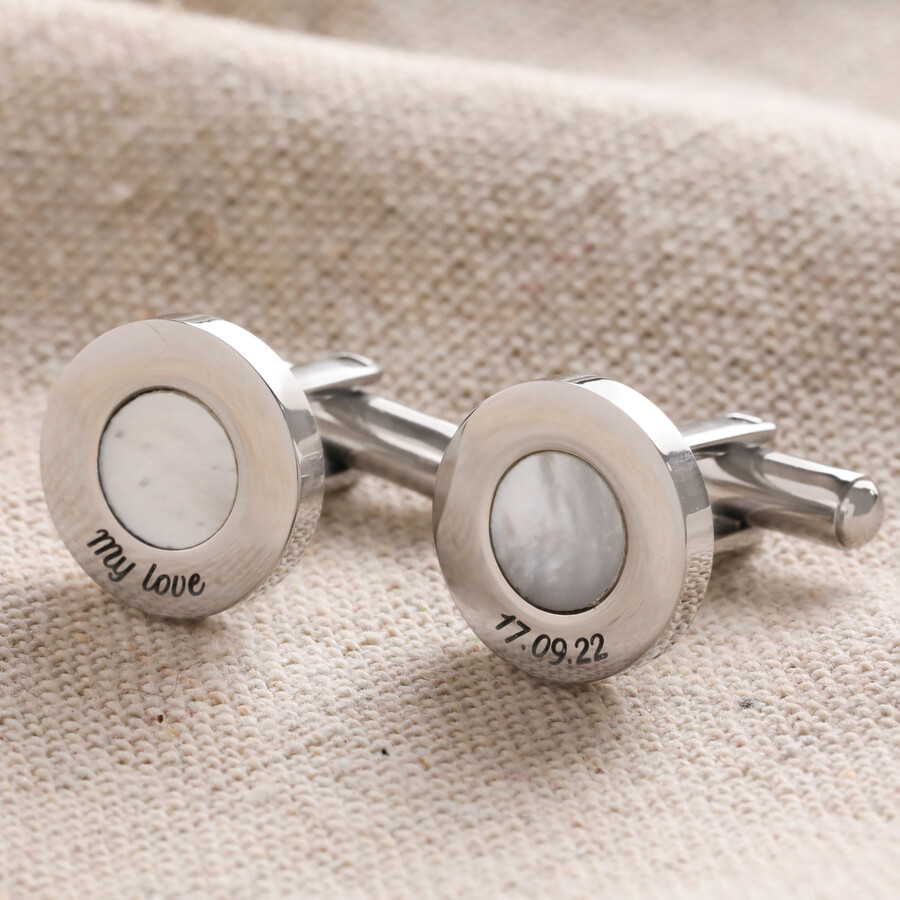 Personalised Message Mother of Pearl Round Cufflinks in Silver on Beige Fabric