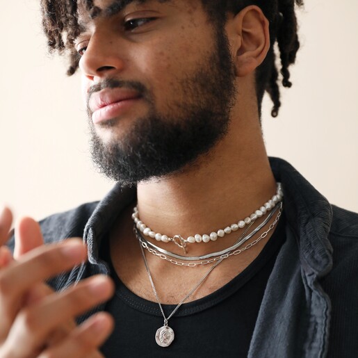 Silver Rectangle Chain Necklace on Male Model With Other Styles