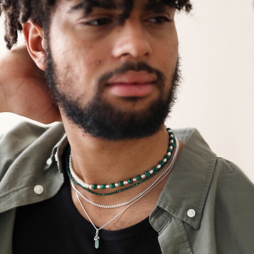 Male Model Wearing Green Aventurine Crystal Point Pendant Necklace in Silver
