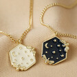 White and Navy Enamel Celestial Bee Pendant Necklaces in Gold on Fabric