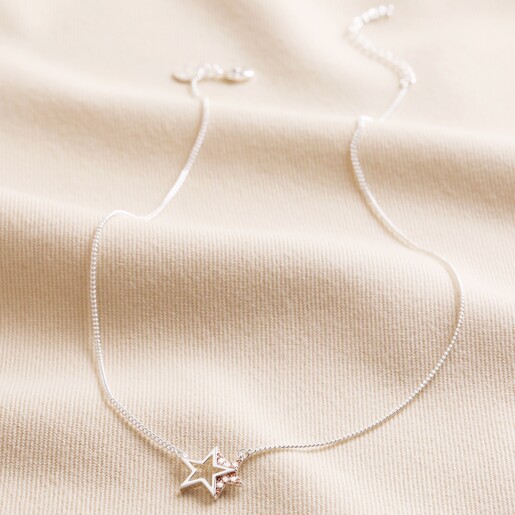 Mixed Metal Crystal Double Star Pendant Necklace in Silver Full Length