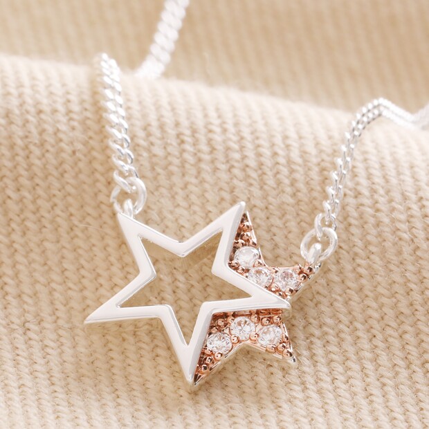 Mixed Metal Crystal Double Star Pendant Necklace in Silver Mixed Metal Crystal Double Star Pendant Necklace in Silver