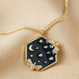 Navy Enamel Celestial Bee Pendant Necklace in Gold on Beige Fabric