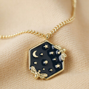 Navy Enamel Celestial Bee Pendant Necklace in Gold
