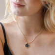 Close Up of Model Wearing Navy Enamel Celestial Bee Pendant Necklace in Gold