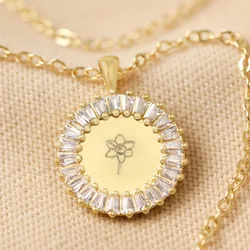 Personalised Birth Flower Crystal Edge Pendant Necklace in Gold