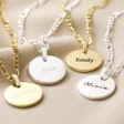 Personalised Name Disc and Figaro Chain Necklace in Gold and Silver With Blackened and Clean Engraving and Lora and LA Pen Script Fonts