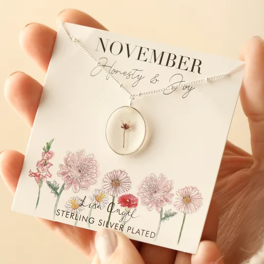 Ladies' Pressed Birth Flower Pendant Necklace in Silver