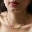 Model Wearing Rainbow Glass Bead and Chain Necklace in Gold Close Up
