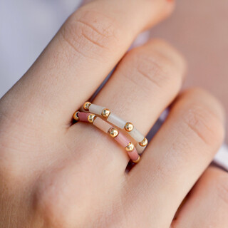 Set of 2 Semi-Precious Stone Beaded Rings in Green and Pink