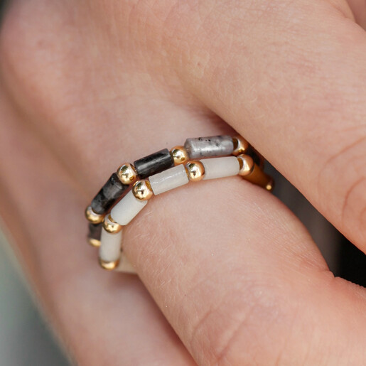 Model Wears Rings Layered Model Wears Set of 2 Semi-Precious Stone Beaded Rings in Grey and Green Layered