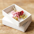 Congratulations Tiny Matchbox Dried Flower Posy on Wooden Surface