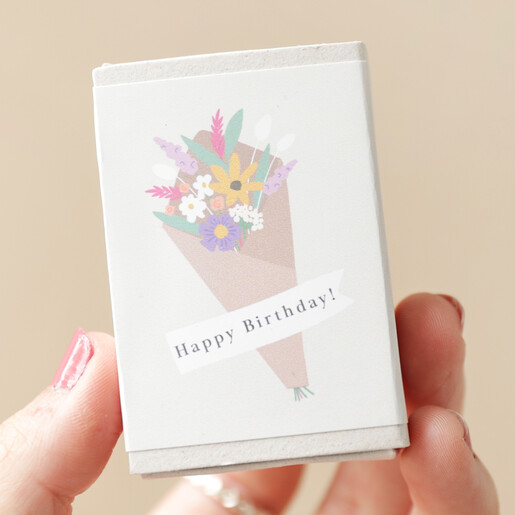 Model Holding Happy Birthday Tiny Matchbox Dried Flower Posy