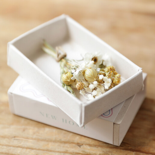 Happy New Home Tiny Matchbox Dried Flower Posy on Wooden Surface