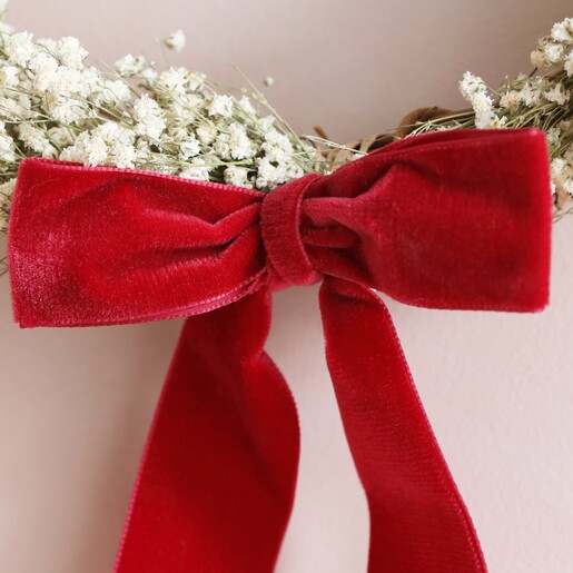 Red Velvet Bow on Natural Gypsophila Dried Flower Wreath